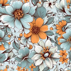 A blue and orange floral background with flowers. Seamless floral background.