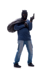 Young male burglar stealing money isolated on white