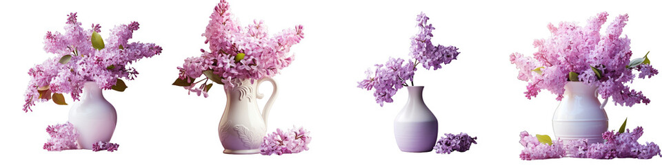 Obraz premium Png Set Artistic arrangement with lilac blossoms in a white vase displayed outdoors during spring transparent background