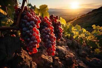 A vineyard landscape with ripe grape clusters in the warm sunset light 