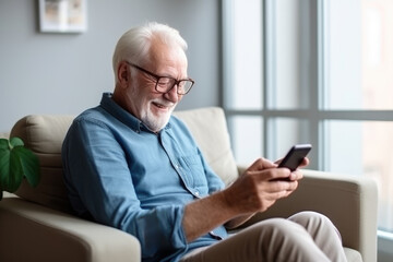 The elderly man is sitting on the couch to drink coffee and look at his phone