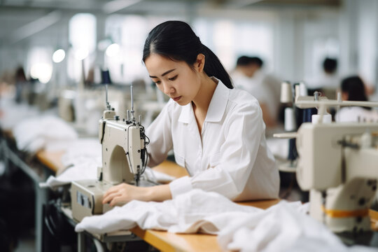 Photo of asian seamstress in textile factory sewing with industrial sewing machines