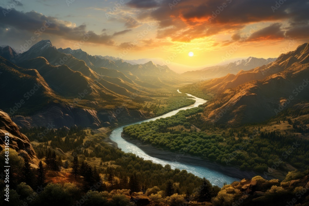 Wall mural a river's serenade: sunset in the mountains