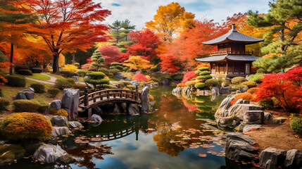 Scenic landscape of Japanese garden in autumn time with a bridge and temple, Generative AI image. - obrazy, fototapety, plakaty