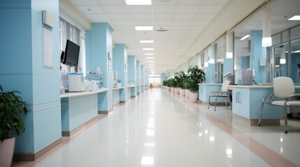 Nice clean hospital corridor. Health clinic bright corridor.