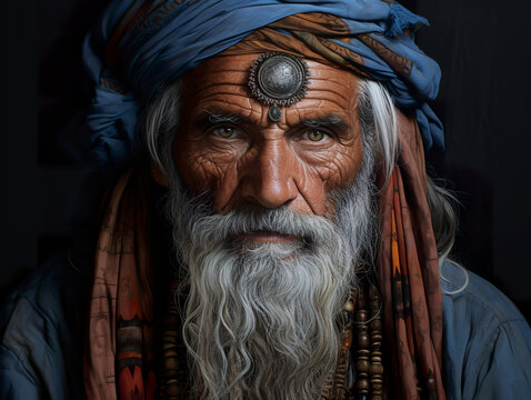 An artistic portrait of an Indian tribe elder with a wrinkled face and beard. Artistic illustration of indigenous old man preserving ancestral traditions.