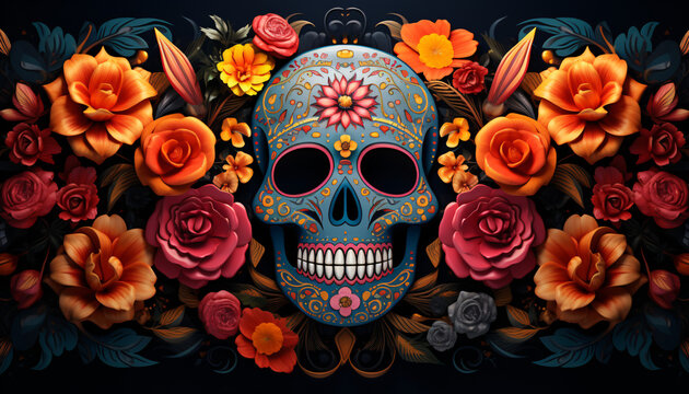 A colorful and vibrant banner celebrating Dia de los Muertos (Day of the Dead) with sugar skulls, marigold flowers, and intricate face paint designs. Generative AI