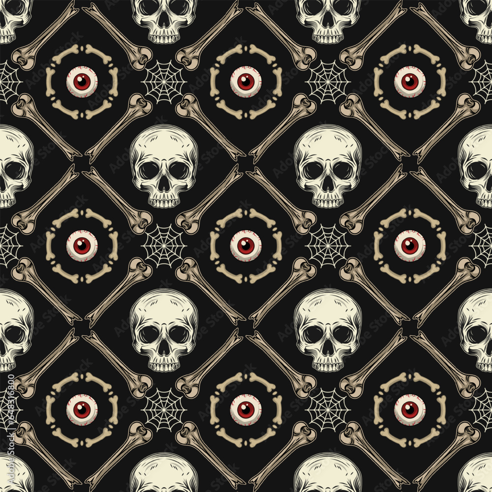 Poster geometric halloween pattern with square grid with rhombus cells, broken bones, half skull without ja