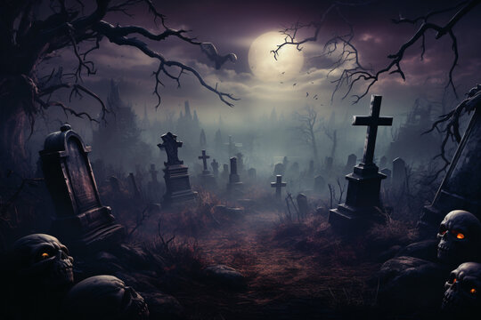 A haunting banner showcasing a cemetery at twilight, with tombstones, skeletal trees, and a ghostly atmosphere, ideal for Halloween event promotions. Generative Ai