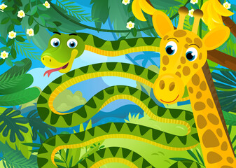 cartoon scene with jungle animals snake and other being together illustration for children