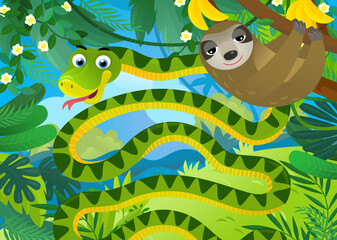 Naklejka premium cartoon scene with jungle animals snake and other being together illustration for children