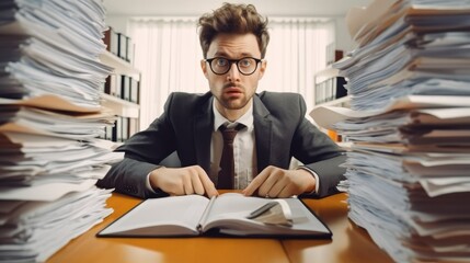 Tired accountant making calculations analyzing data, Business man in suit and glasses working at the desk on his workplace at office with pile of folders and stack of papers. - obrazy, fototapety, plakaty