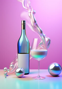 A bottle of champagne and two glasses. New year, celebration and party concept. Bright pastel colors of pink, purple and blue.