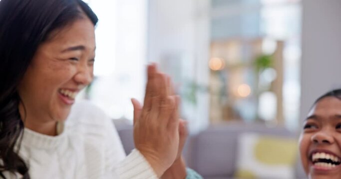 High five, mom and girl kid with education, help and success with math assessment, happiness and study at home. Advice, trust and woman with child, homework and knowledge for development and paper