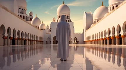 Papier Peint photo autocollant Abu Dhabi White robed man in the mosque at sunset, Back view.