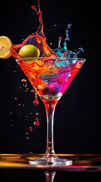 Exotic Cocktail with Vivid Splash and Citrus Garnish in a Martini Glass on Dark Background