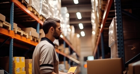Obraz premium Warehouse worker carrying boxes turns back and forth through a retail warehouse full of shelves.