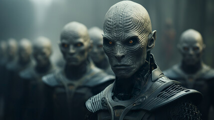 Abstract illustration of an army of reptilian alien soldiers wearing dark uniforms in foggy scenery. Weird-skinned reptilian alien soldiers ready for the challenge in dark gray colors. - obrazy, fototapety, plakaty
