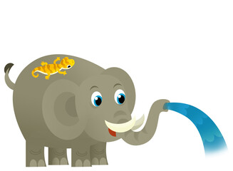 cartoon wild happy young elephant spilling water with other animal isolated illustration for children