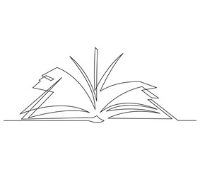 Opened book with pages isolated on white. Continuous line drawing. Vector illustration