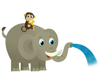cartoon wild happy young elephant spilling water with other animal isolated illustration for children