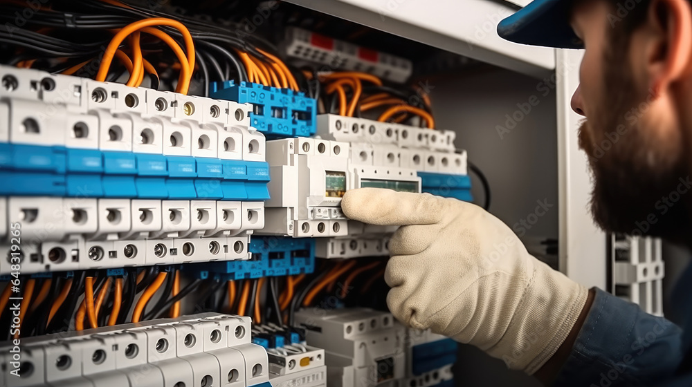 Poster technician checking fuse box in control room.