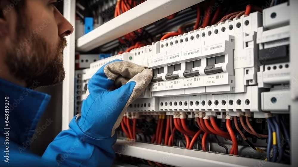 Poster technician checking fuse box in control room.