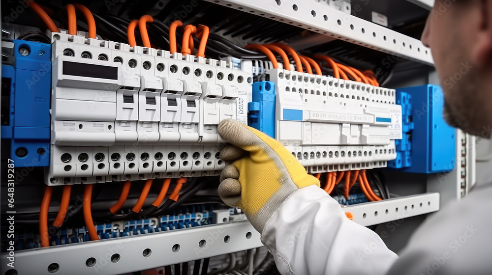 Poster technician checking fuse box in control room.