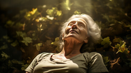 Fototapeta premium Illustration of an elderly woman lying on her back on the forest floor with sun rays touching her face in connection with nature. Elderly woman with a calm expression in soft, welcoming lighting.