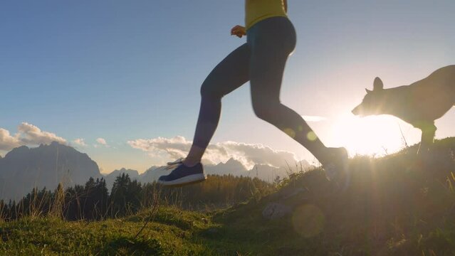 CLOSE UP, LENS FLARE: Agile young lady runs down the grassy hill with her doggo. They run fast and jump over small gaps on pathway. Great autumn sunny day for running in beautiful alpine environment.