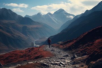 The image features a single hiker walking along a rocky trail amidst a breathtaking mountain landscape. The hiker is wearing a red backpack and is seen from behind, walking towards the awe-inspiring p