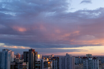 Sunset over soviet buildings of the Kyiv, capital of Ukraine