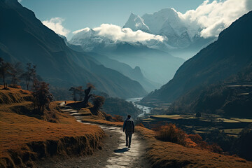 The image captures a breathtaking mountainous landscape with a lone hiker trekking along a narrow path. The hiker is dressed in outdoor clothing with a backpack, suggesting an adventurous journey. Sur - obrazy, fototapety, plakaty