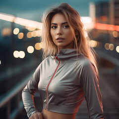 Obraz premium ai generated young beautiful woman in a sportswear on a blurred city background
