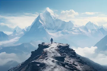 Fotobehang The image shows a breathtaking landscape with a solitary figure standing on the edge of a rocky cliff. The person is looking towards a majestic mountain peak that rises sharply into a clear blue sky.  © Jesse