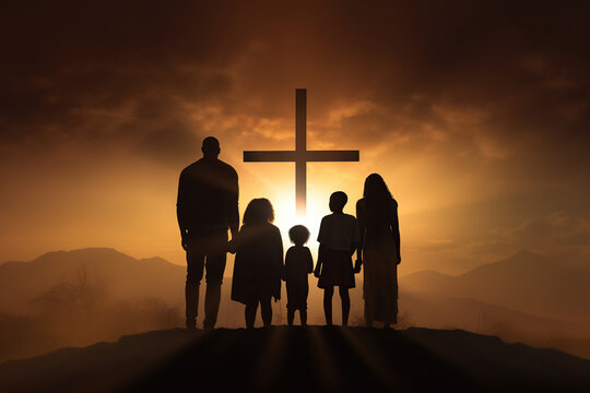 Family From The Back Looking At A Big Cross