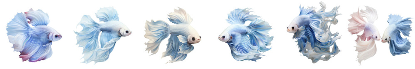 Png Set Isolated betta fish with white and blue colors on a transparent background