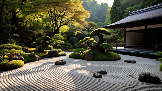This image features a traditional Japanese Zen garden during what appears to be the early morning or late afternoon, as suggested by the warm lighting. The garden is meticulously maintained, with rake