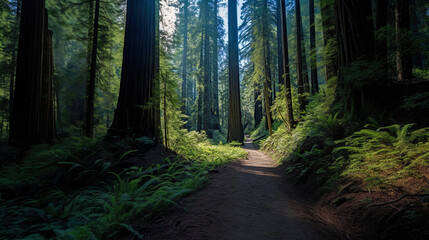 Fototapeta premium The image shows a tranquil forest path lined with tall, majestic redwood trees. The foliage is dense, and the forest floor is carpeted with lush ferns. Sunlight filters through the forest canopy, crea