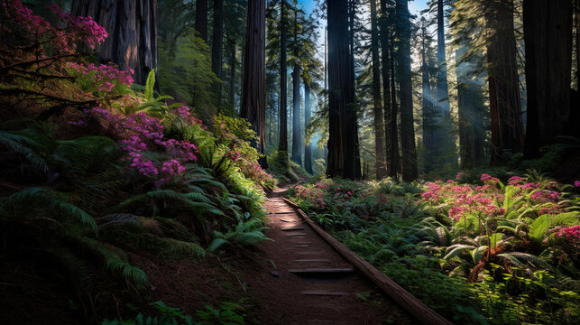 The image showcases a serene forest path surrounded by tall, ancient redwood trees. Sunbeams filter through the dense canopy, spotlighting patches of lush ferns and pink flowering shrubs that line the