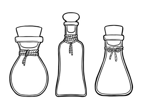 Set of Hand Drawn Empty Glass Potion Bottles Illustration Vectors Halloween Decor