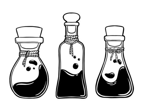 Set of Hand Drawn Glass Potion Bottles Illustration Vectors with Liquid Halloween Decor