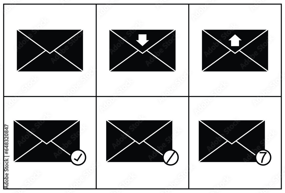 Poster mail icons. envelope and check mark. vector illustration. mailing icon set. 6 collections of envelop