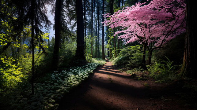 The image depicts a serene forest scene with a dirt path winding through the trees. On the left side, the forest floor is covered densely with white flowering plants, contrasting against the dark soil