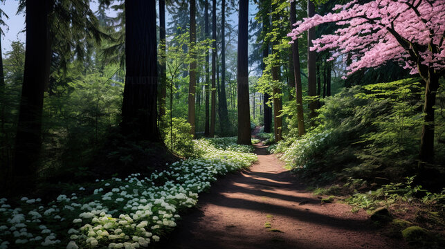 The image shows a serene forest path surrounded by lush greenery. The scene is tranquil, with towering trees, such as redwoods or sequoias, rising on each side of the dirt pathway. The forest floor is