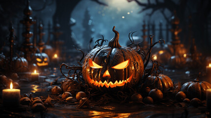 Fototapeta premium Eerie Halloween Night: Dark Theme Artwork with Spirits, Pumpkins, and Moon
