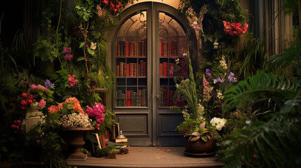 The image displays a charming, tranquil scene of a wooden double door with glass panels set within an arched frame. The doors appear to be part of an old-fashioned building or a cozy bookstore, as evi - obrazy, fototapety, plakaty
