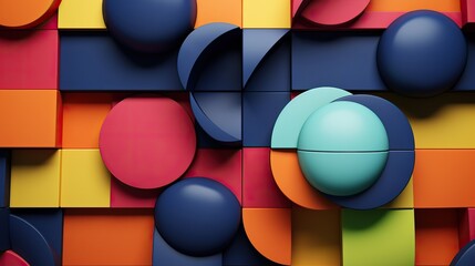 3D illustration of colorful geometric wall with many different colored shapes background.