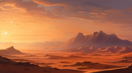 A vast desert landscape with rolling sand dunes and a mirage shimmering on the horizon under a scorching sun-