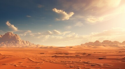 A vast desert landscape with rolling sand dunes and a mirage shimmering on the horizon under a scorching sun- - obrazy, fototapety, plakaty